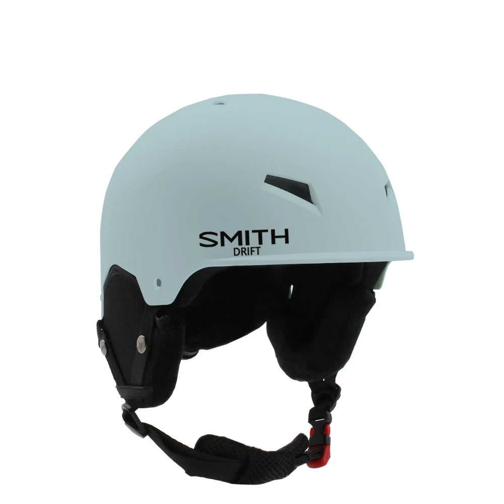 Light blue helmet with black chin strap on a white background.