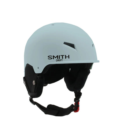 Light blue helmet with black chin strap on a white background.