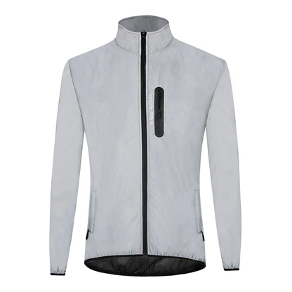 Light gray cycling jacket with black zipper and mesh accents on a white background