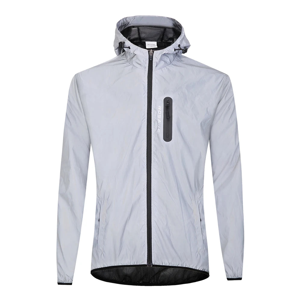 Light gray raincoat with black zipper and hood on a white background