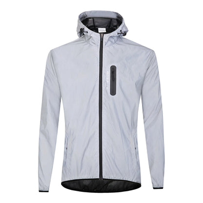 Light gray raincoat with black zipper and hood on a white background