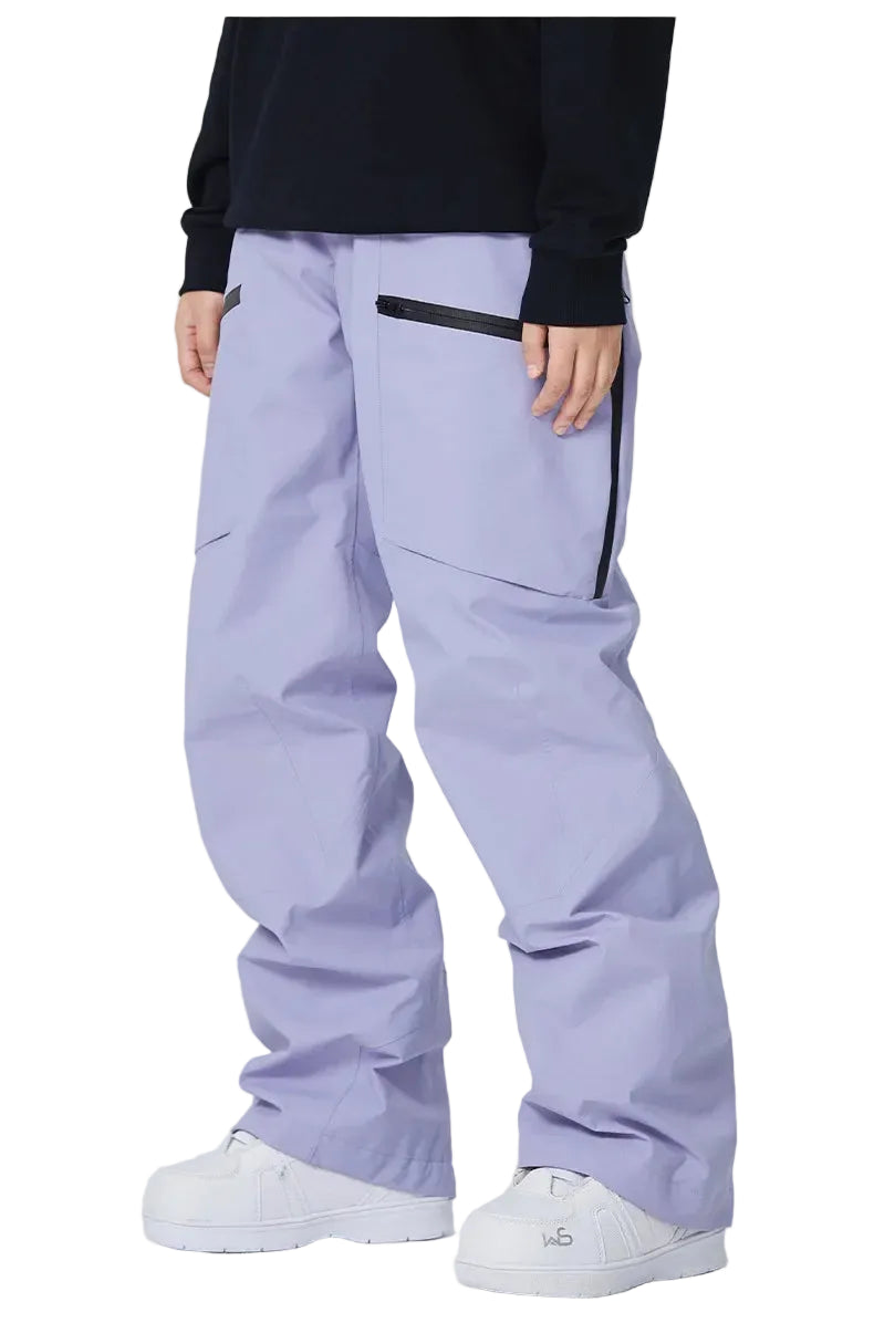 Light purple snow pants worn by a person on a white background