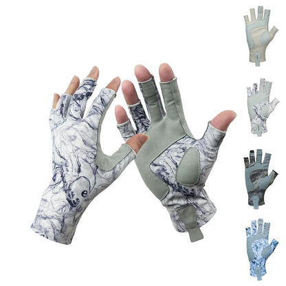 Marble-patterned gloves with UPF 50+ label on a white background