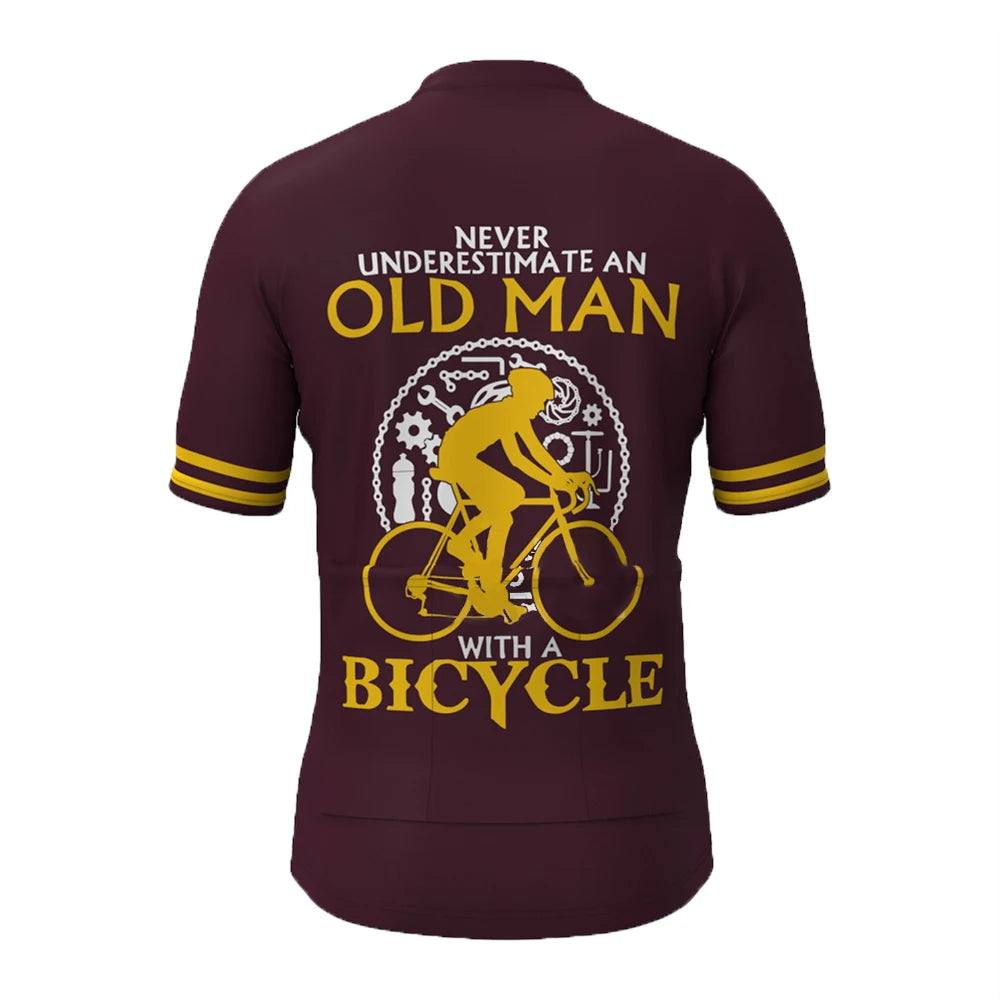 Maroon cycling jersey with yellow text and graphic on a white background
