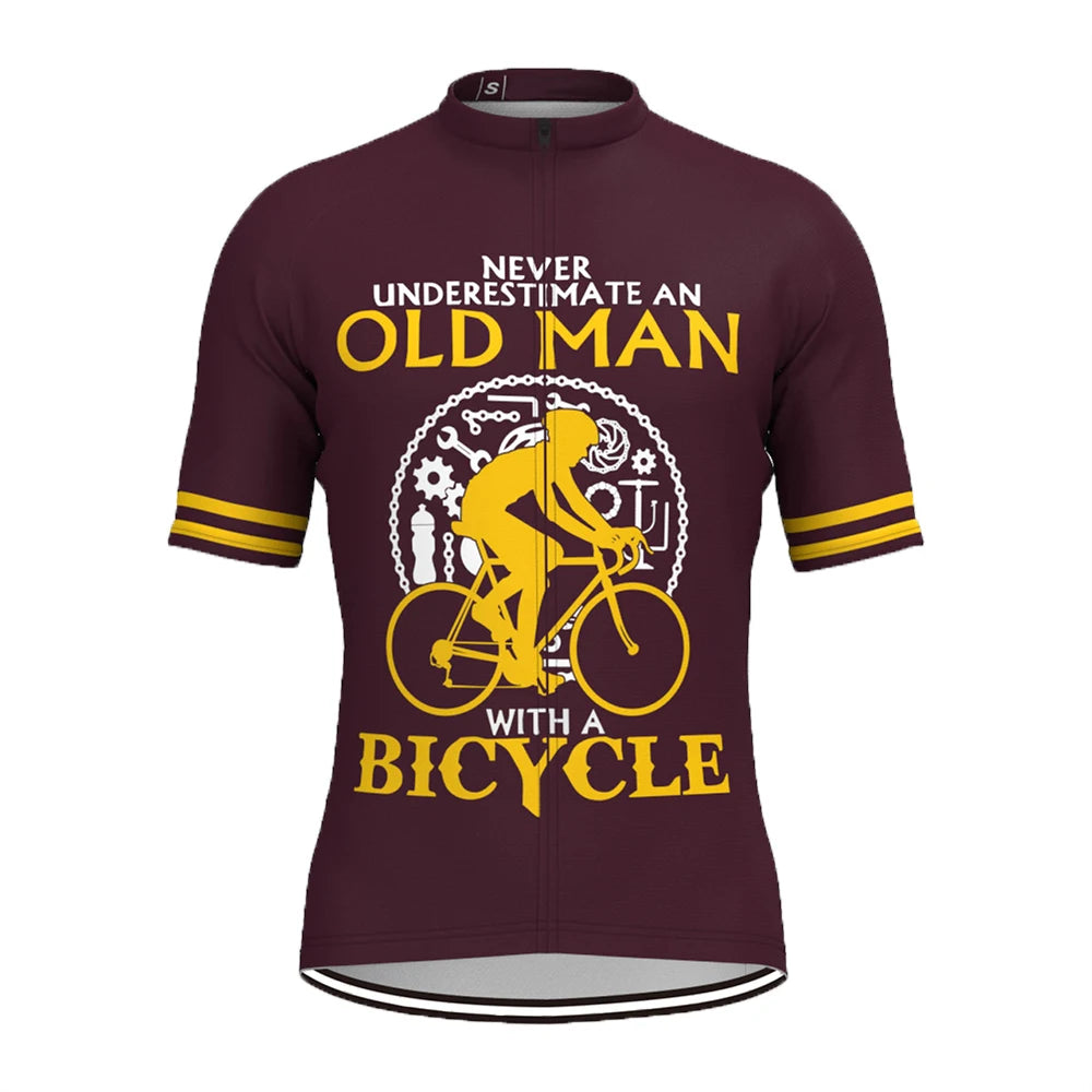 Maroon cycling jersey with yellow text and graphic on a white background
