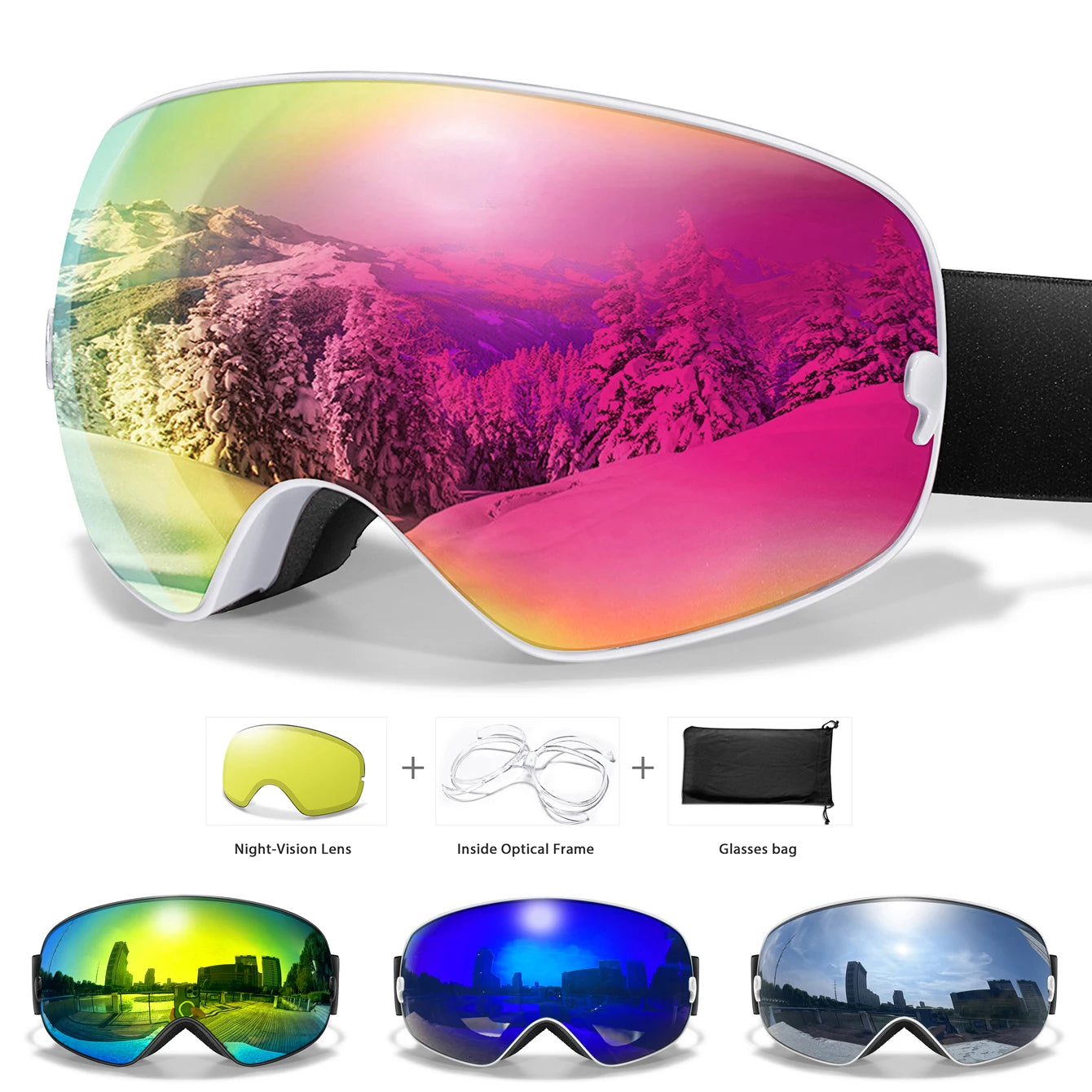 Multicolored ski goggles with additional lenses and accessories on a white background
