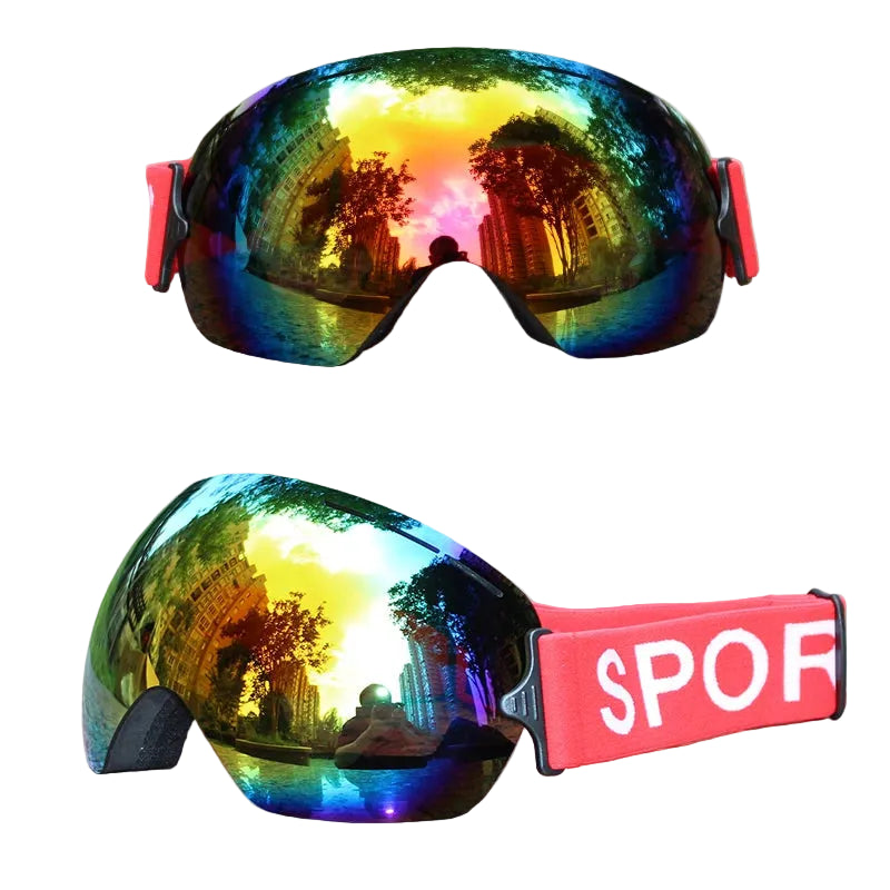 Multicolored ski goggles with red box on a white surface