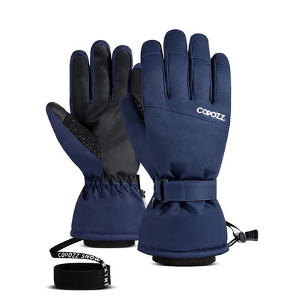 Navy blue gloves with black accents on a white background.