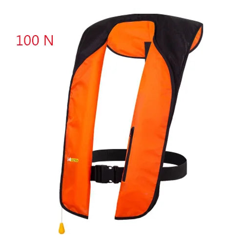 Orange and black inflatable life jacket with a yellow valve on a white background