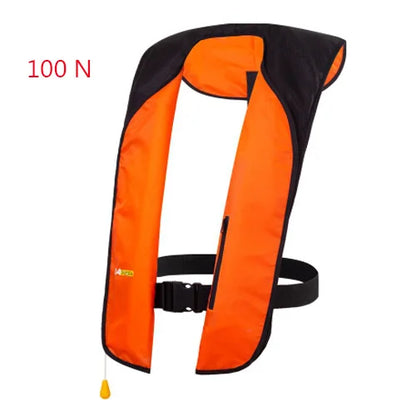 Orange and black inflatable life jacket with a yellow valve on a white background