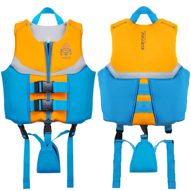 Orange and blue life jacket with straps on a white background