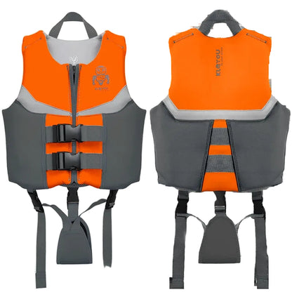 Orange and gray life jacket with straps on a white background