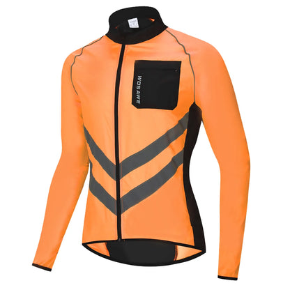 Orange cycling jacket with black accents on a white background