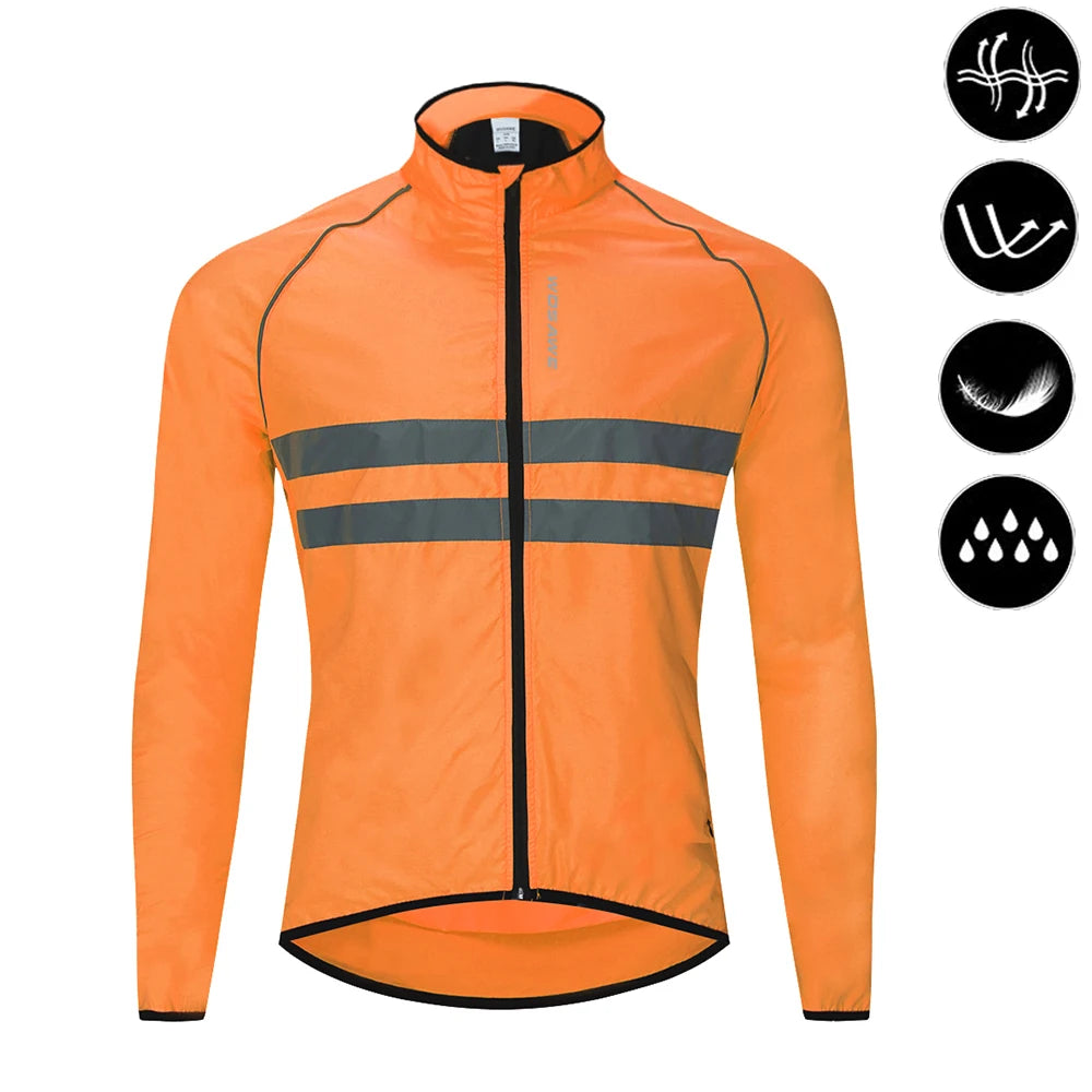 Orange cycling jacket with reflective stripes on a white background