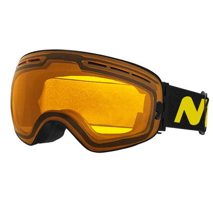 Orange goggles with a black frame and yellow 'N' logo on a white background