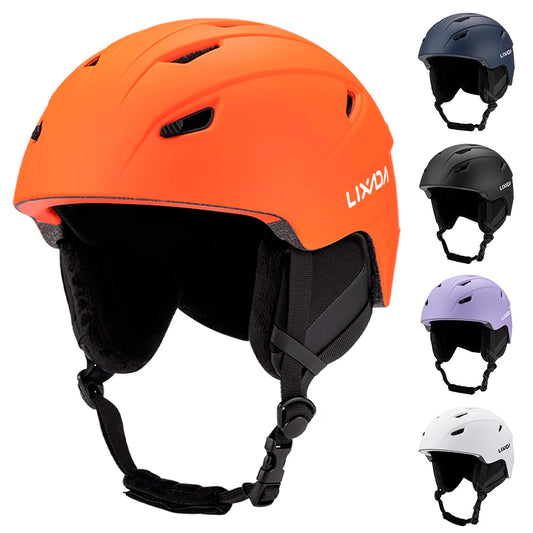 Orange helmet with black straps and  surrounded by other helmets in different colors on a white background.