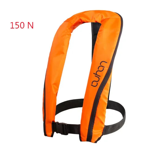 Orange inflatable life jacket with black straps on a white background