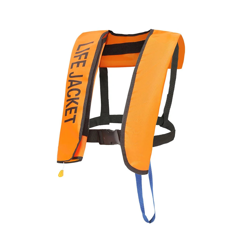 Orange life jacket with black text on a white background