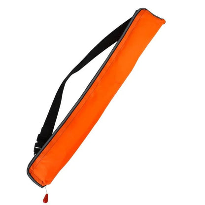 Orange pool noodle with black strap on a white background