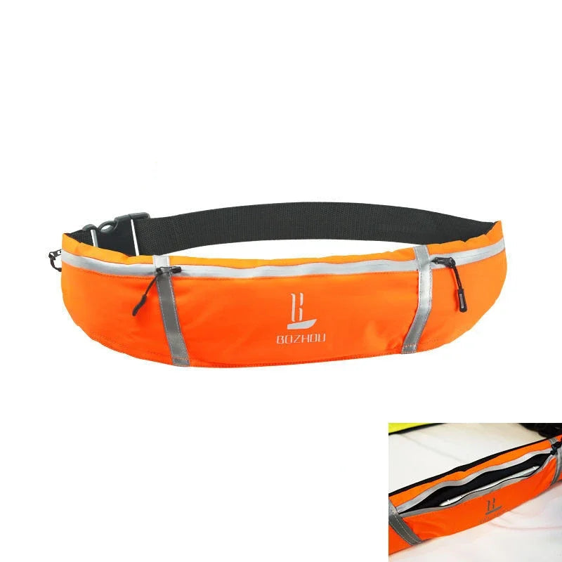 Orange waist bag with black strap on a white background