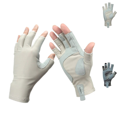 Pair of beige and gray gloves with half-finger design on a white background