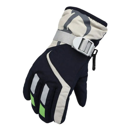 Pair of black and beige gloves with a buckle on a white background