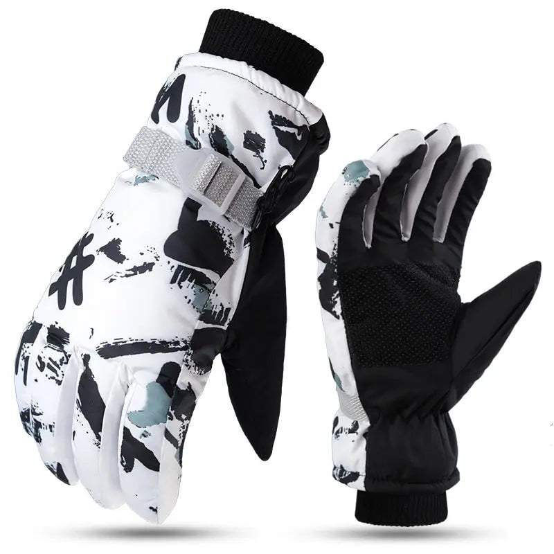 Pair of black and white gloves with camouflage pattern on a white background