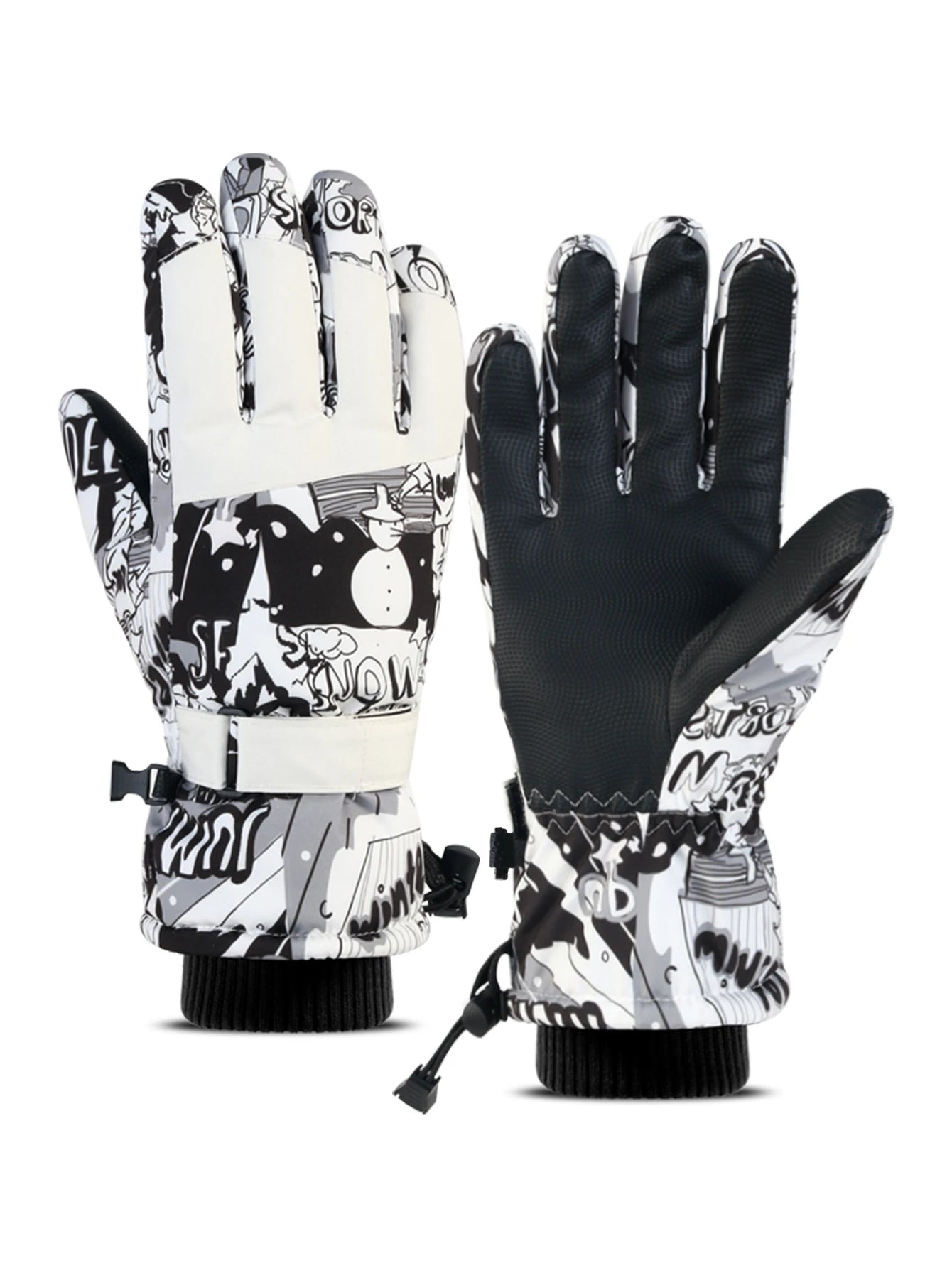 Pair of black and white gloves with graphic designs on a white background