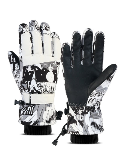 Pair of black and white gloves with graphic designs on a white background