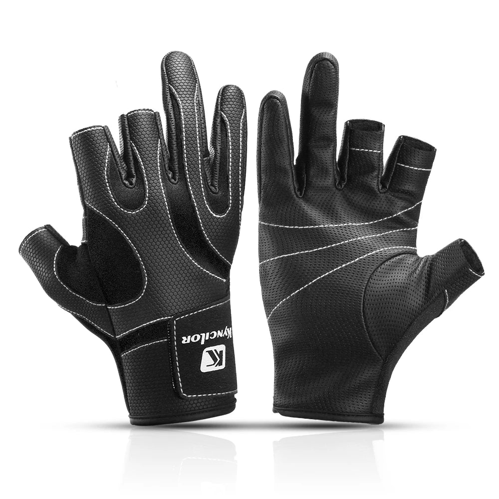 Pair of black gloves with a brand logo on a white background