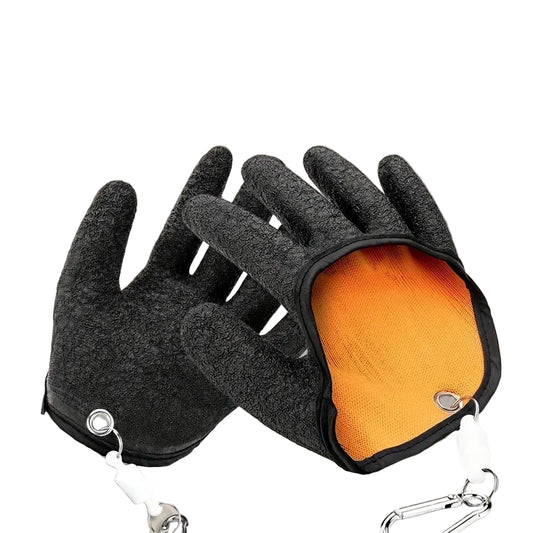 Pair of black gloves with orange interior on a white background