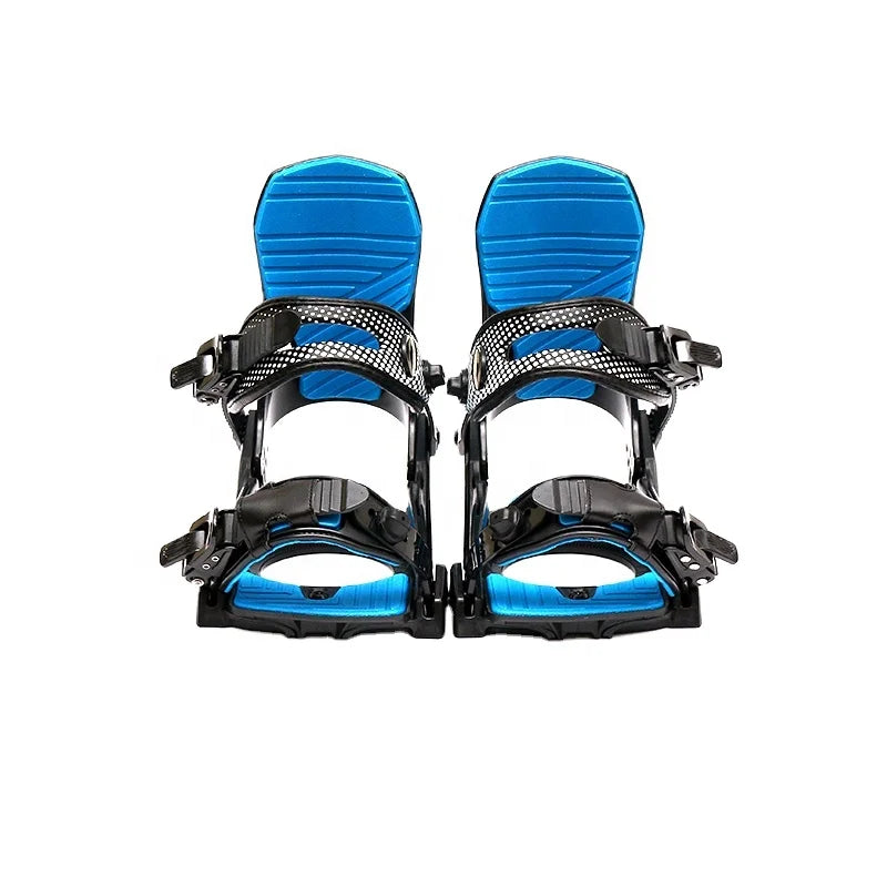 Pair of blue and black snowboard bindings on a white background