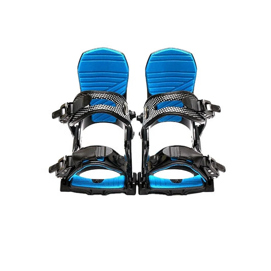 Pair of blue and black snowboard bindings on a white background