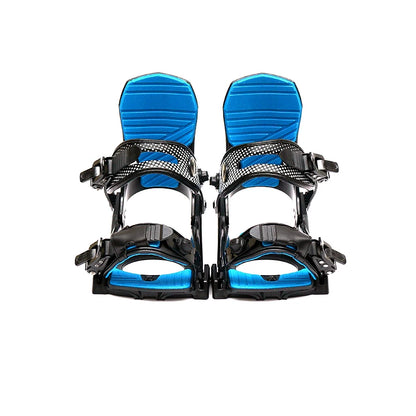 Pair of blue and black snowboard bindings on a white background