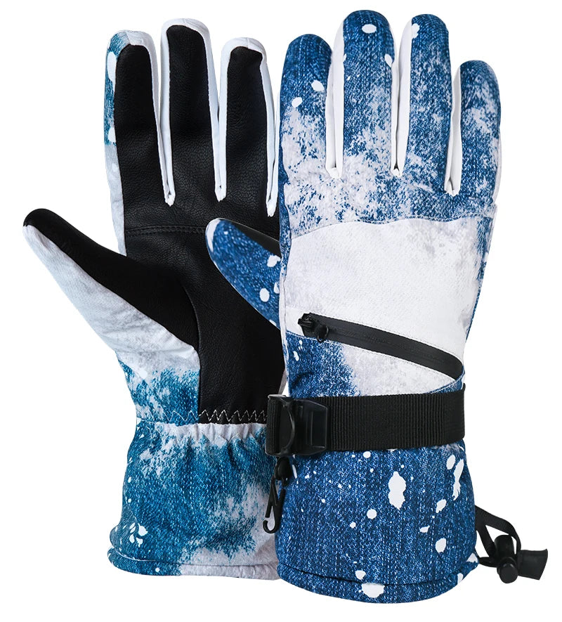 Pair of blue and white gloves with black straps on a white background