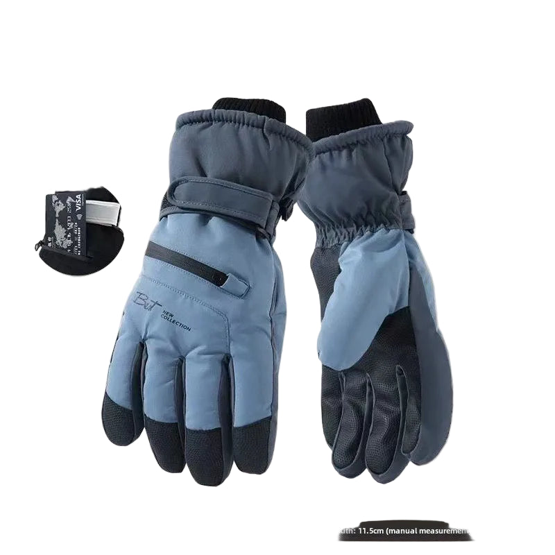 Pair of blue gloves with black accents on a white background