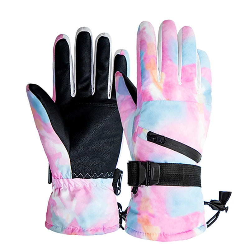 Pair of colorful tie-dye gloves with black accents on a white background