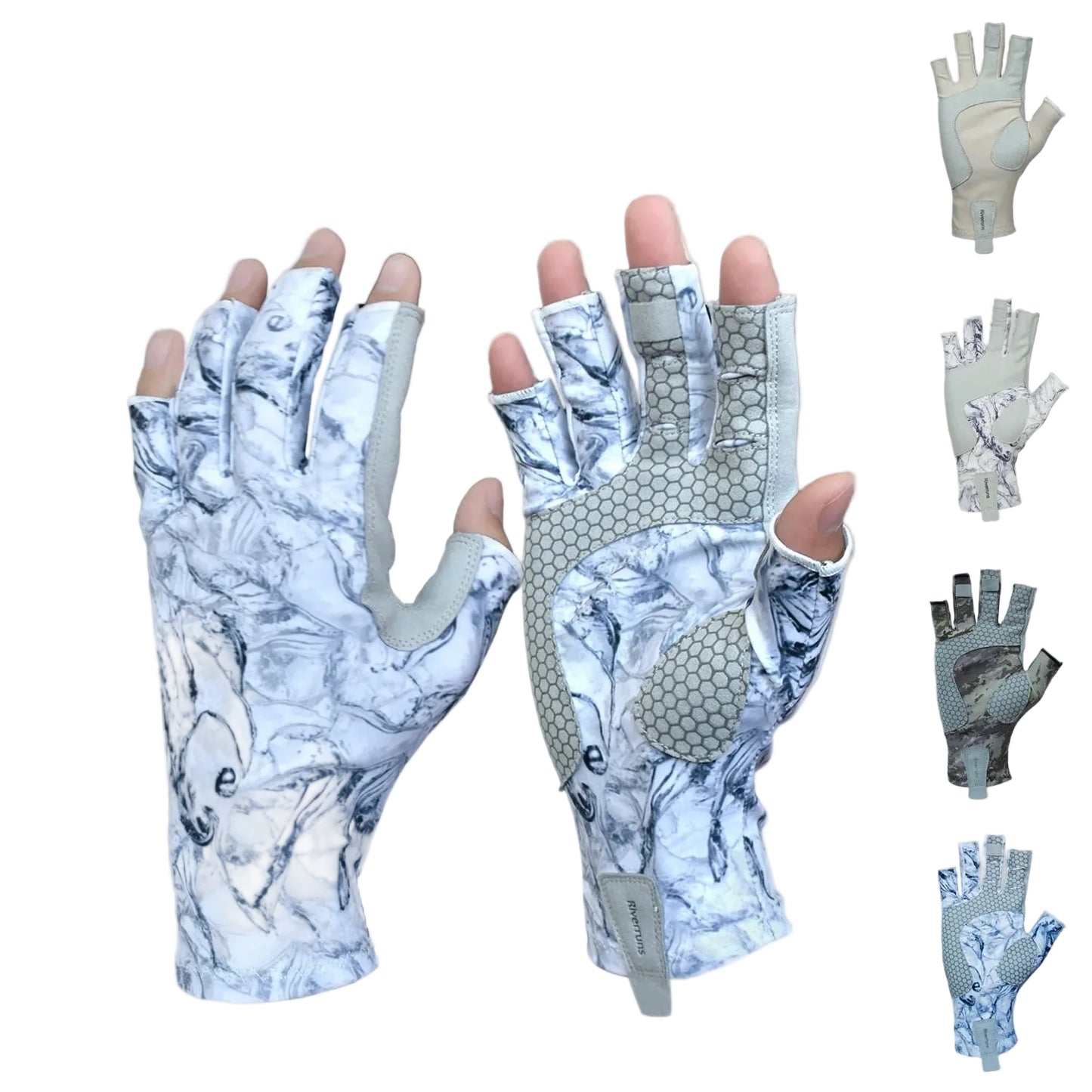 Pair of gloves with UPF 50+ sun protection rating on a white background