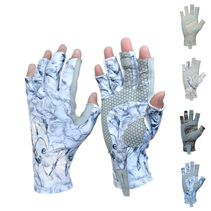 Pair of gloves with UPF 50+ sun protection rating on a white background