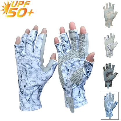 Pair of gloves with UPF 50+ sun protection rating on a white background