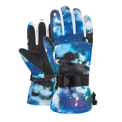Pair of gloves with a space-themed design on a white background