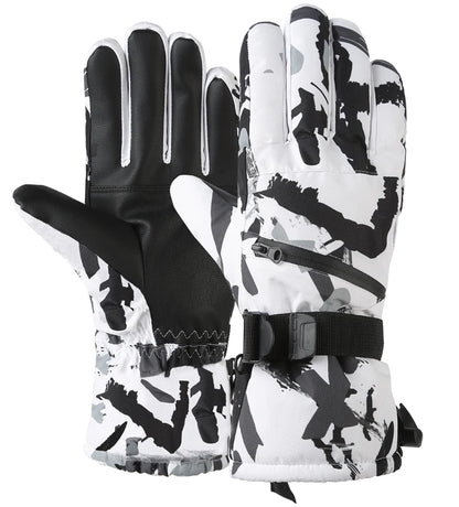 Pair of gloves with black and white camouflage pattern on a white background