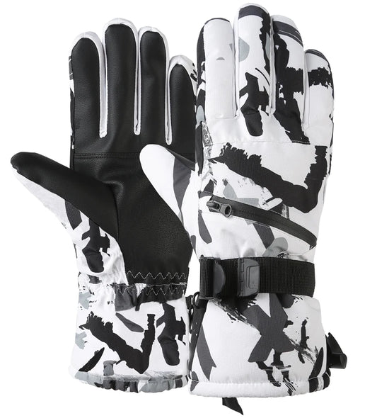 Pair of gloves with black and white camouflage pattern on a white background