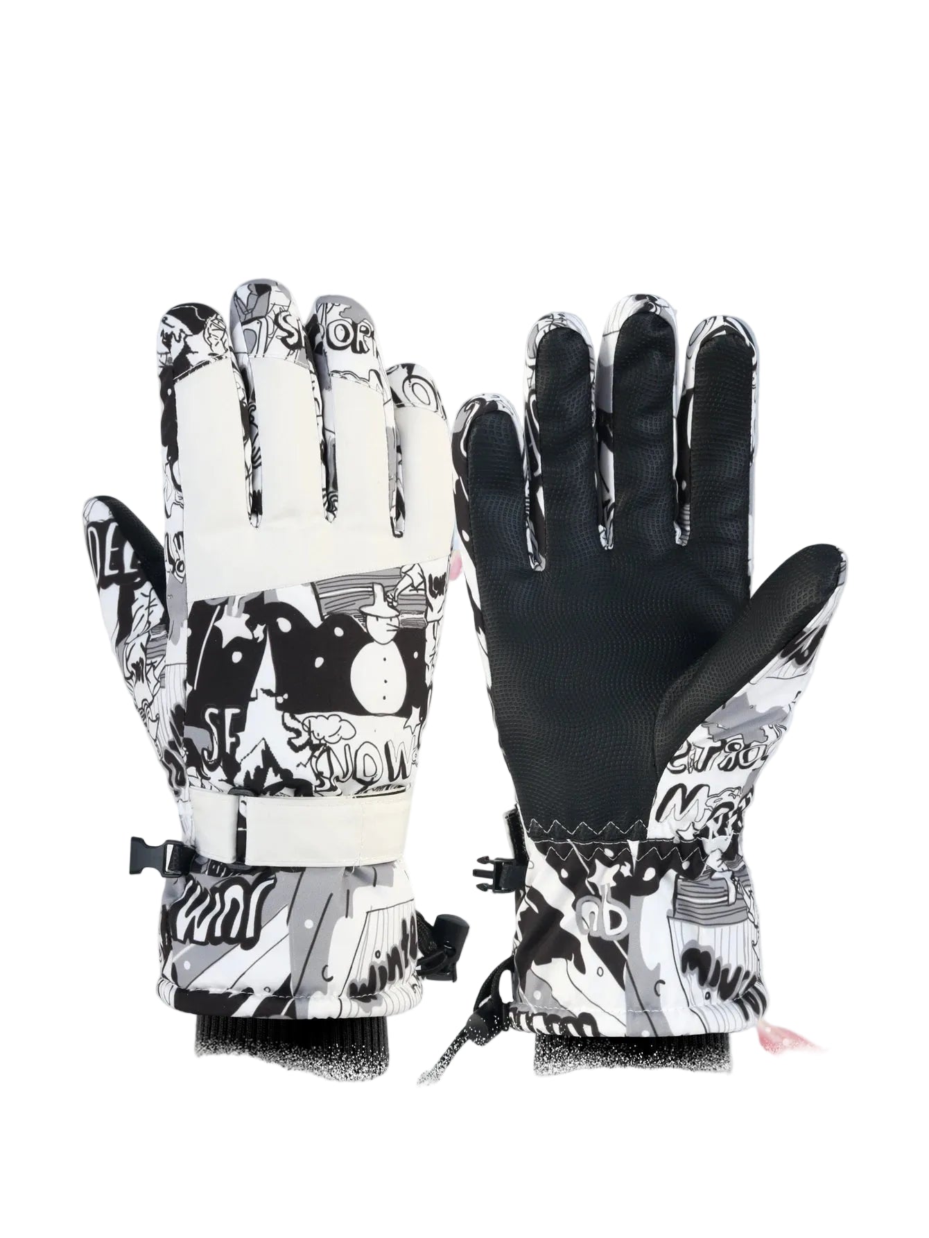 Pair of gloves with black and white designs against a white background