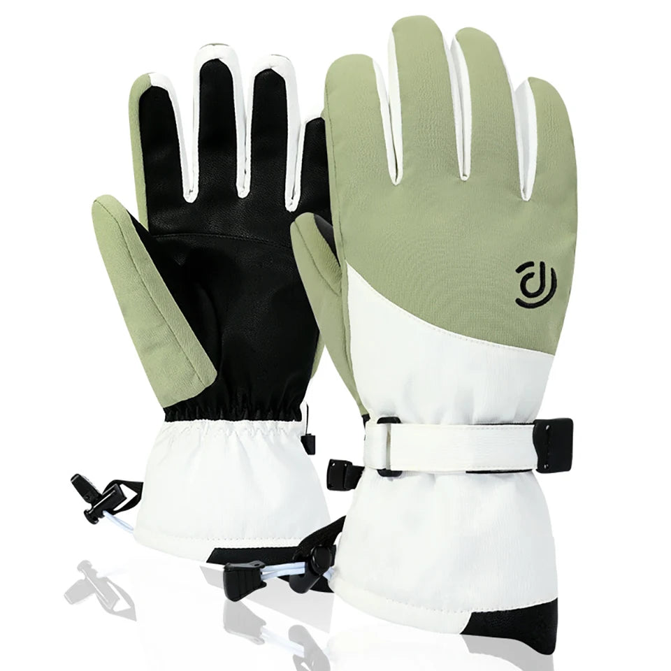 Pair of gloves with black, green, and white color scheme on a white background