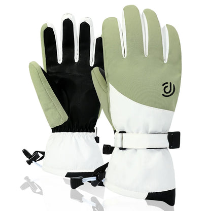 Pair of gloves with black, green, and white color scheme on a white background