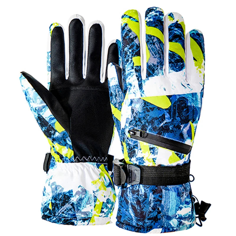 Pair of gloves with blue, white, and yellow camouflage pattern on a white background