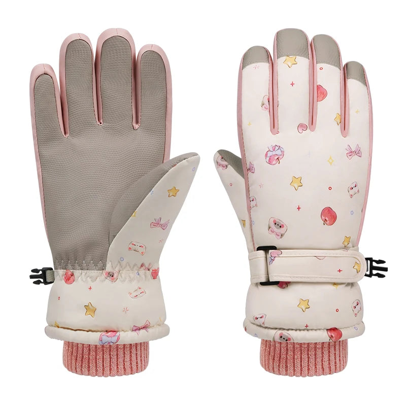 Pair of gloves with pink and gray accents on a white background