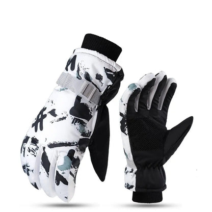 Pair of gloves with black and white camouflage pattern on a white background