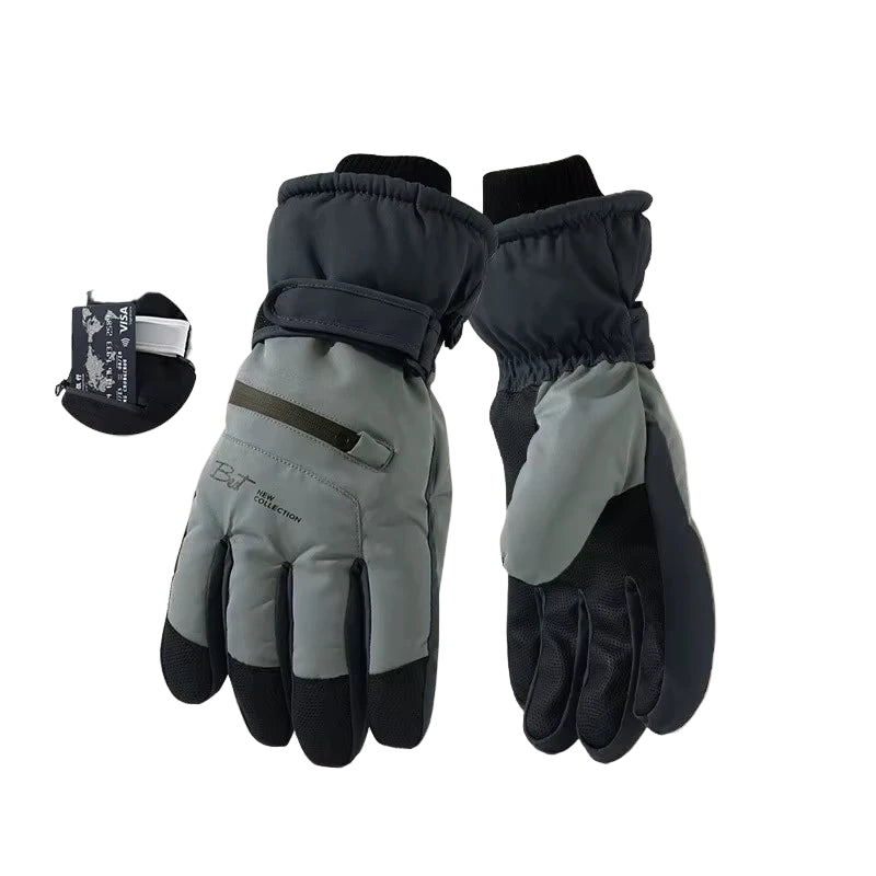Pair of gray and black gloves with a small tag on a white background